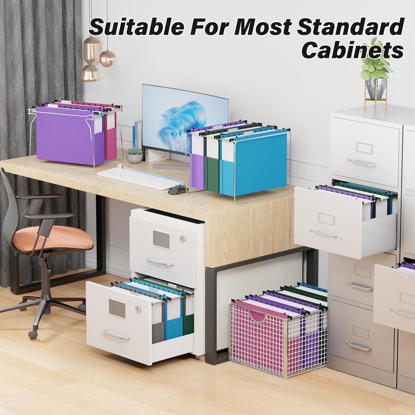 Plastic Hanging File Folders Letter Size, 3 inch Hanging Folders for Filing Cabniet, 6 Pack File Folders with Tabs, Hanging File Folder Organizers for School Office Home - Assorted Colors