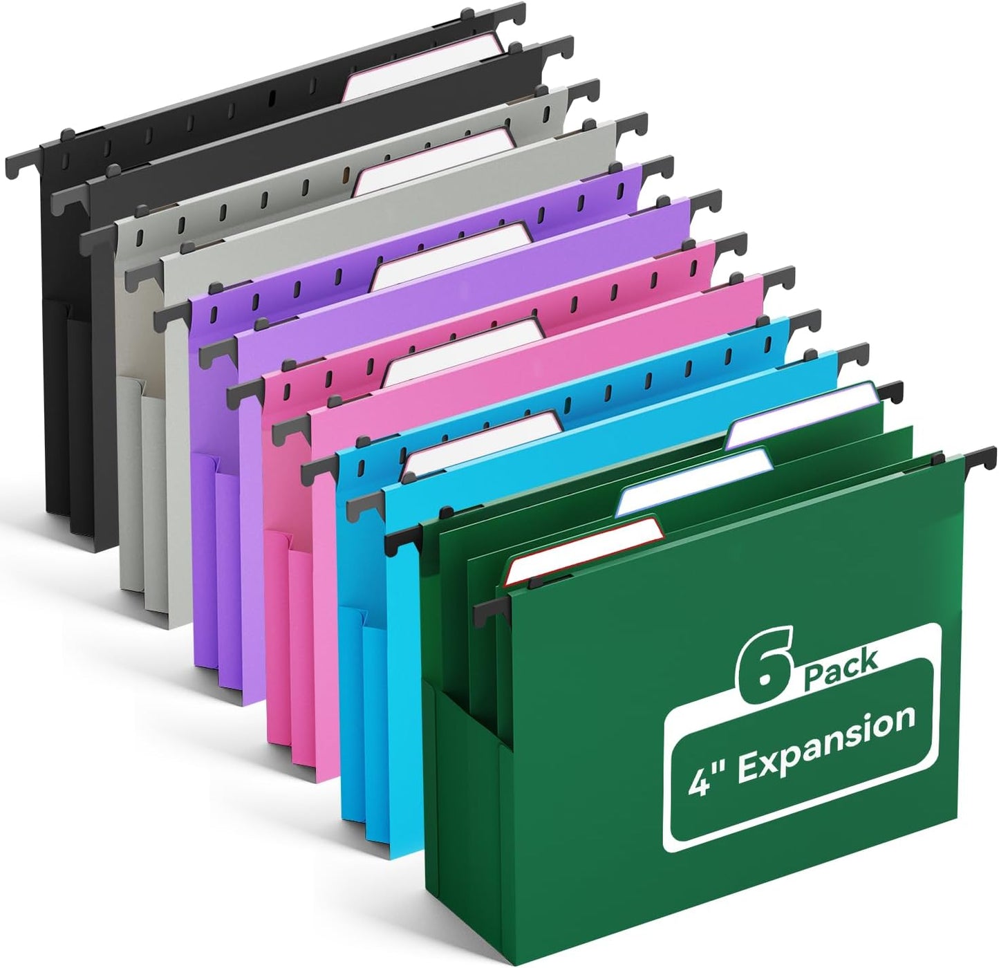 Plastic Hanging File Folders Letter Size, 3 inch Hanging Folders for Filing Cabniet, 6 Pack File Folders with Tabs, Hanging File Folder Organizers for School Office Home - Assorted Colors