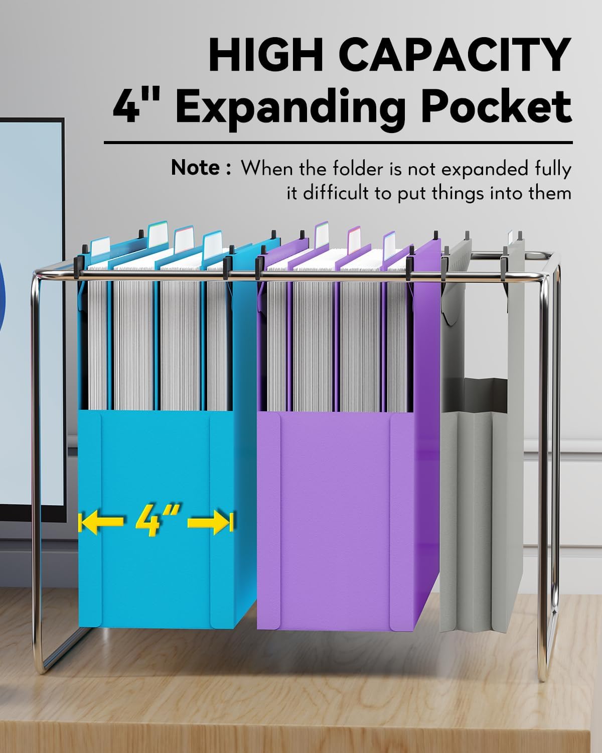 Plastic Hanging File Folders Letter Size, 3 inch Hanging Folders for Filing Cabniet, 6 Pack File Folders with Tabs, Hanging File Folder Organizers for School Office Home - Assorted Colors