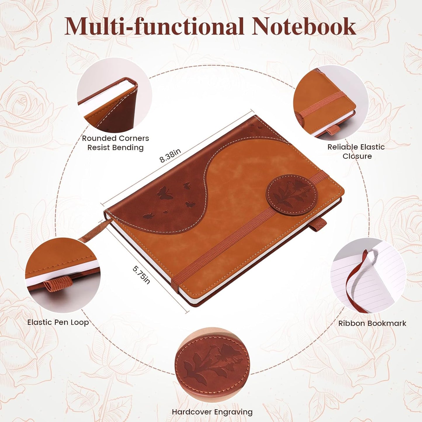 Lined Journal Notebook, A5 Hardcover Leather Journal for Men Women, 200 Pages 100 GSM Thick Paper, Journaling Notebooks for Work School Travel Note Taking, Beige & Brown