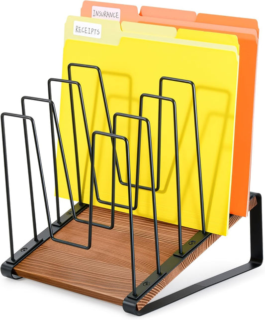 Inclined Desk File Organizer, 5-Section Vertical File Folder Holder Stand, Metal File Sorter Rack with Wooden Base, Desktop File Organizer for Office Classroom Home Workspace