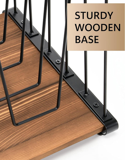 Inclined Desk File Organizer, 5-Section Vertical File Folder Holder Stand, Metal File Sorter Rack with Wooden Base, Desktop File Organizer for Office Classroom Home Workspace