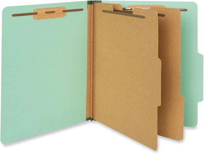 Six-Section Classification Folders, Heavy-Duty Pressboard Cover, 2 Dividers, 6 Fasteners, Letter Size, Light Green, 20/Box