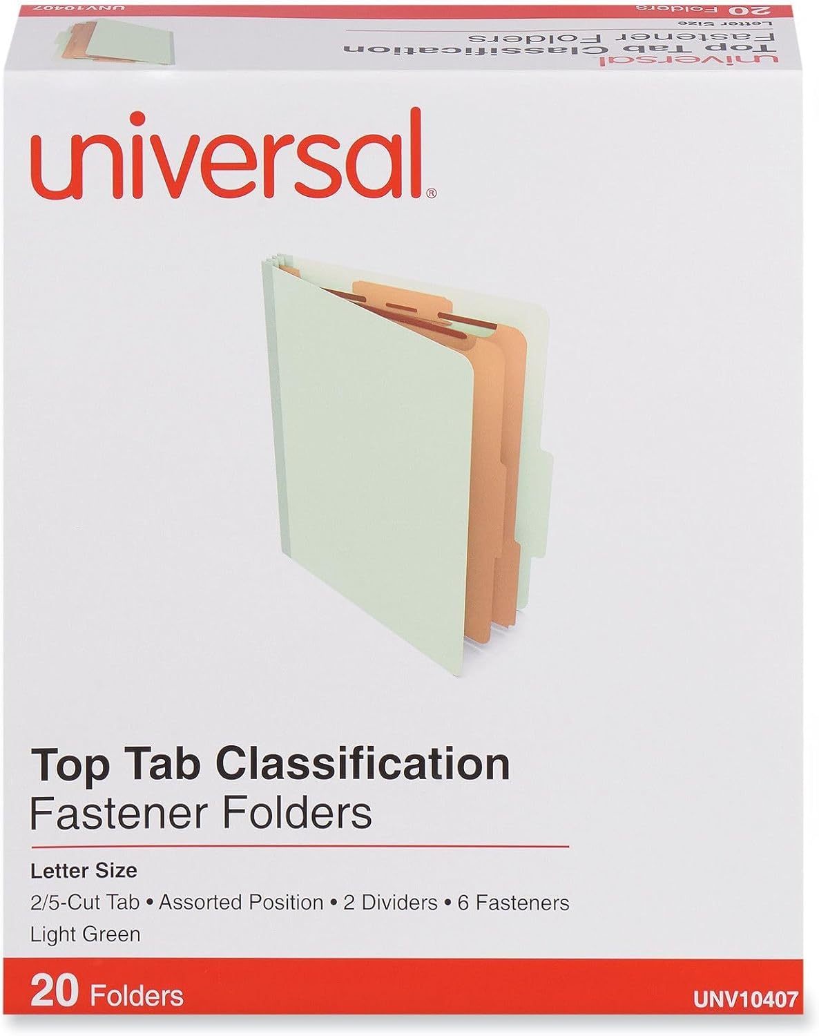 Six-Section Classification Folders, Heavy-Duty Pressboard Cover, 2 Dividers, 6 Fasteners, Letter Size, Light Green, 20/Box