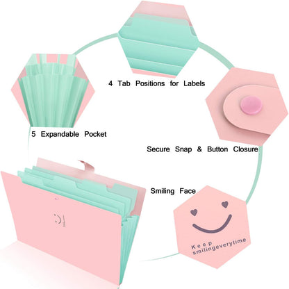 Expanding File Folder with 32 Labels, 5 Pockets A4 Letter Size Accordion Folder Paper Organizer for School and Office Pack of 4