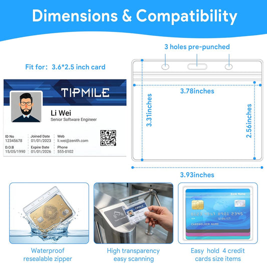 20 Pack Badge Holder Clear Waterproof ID Holder with Resealable Zip 4.1" x 3.3" Horizontal Name Tag Holder for Nurses and Office, Fits ID Card/Credit Card/Student Card