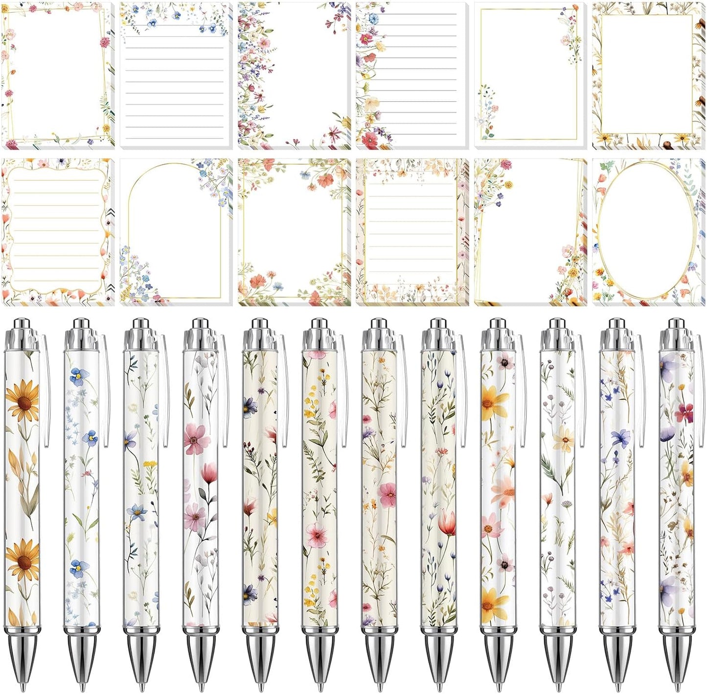 24 Pcs Wildflower Sticky Notes with Pens Floral Theme Teacher Gifts for Women to Do List Memo Pads Self Adhesive Notepads Black Ink Ballpoint Pen for Spring Birthday Party Favors(Classic)