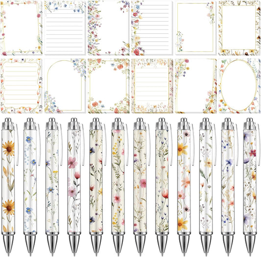 24 Pcs Wildflower Sticky Notes with Pens Floral Theme Teacher Gifts for Women to Do List Memo Pads Self Adhesive Notepads Black Ink Ballpoint Pen for Spring Birthday Party Favors(Classic)