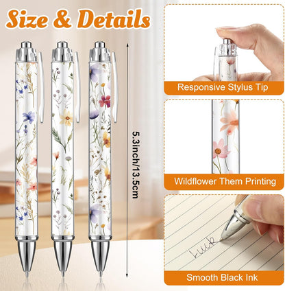 24 Pcs Wildflower Sticky Notes with Pens Floral Theme Teacher Gifts for Women to Do List Memo Pads Self Adhesive Notepads Black Ink Ballpoint Pen for Spring Birthday Party Favors(Classic)