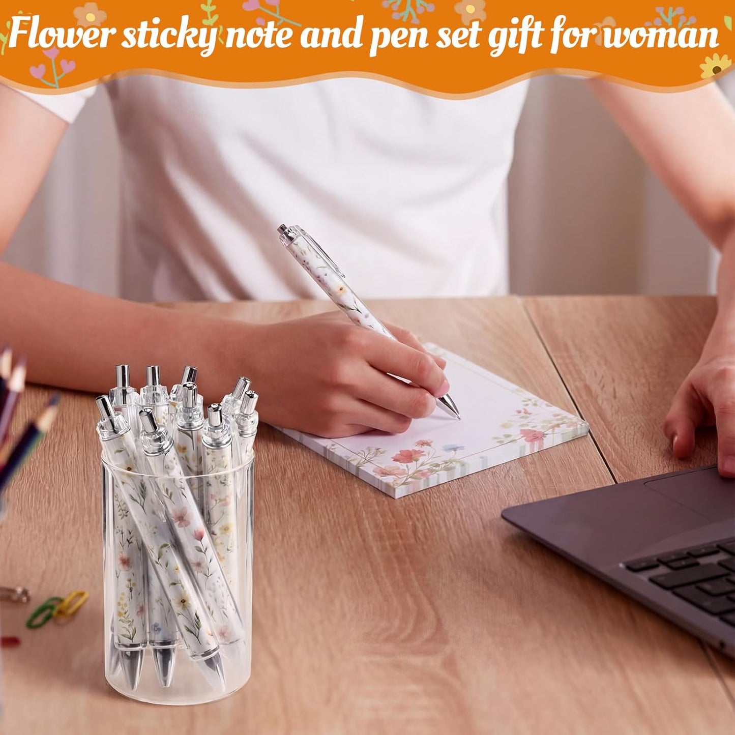 24 Pcs Wildflower Sticky Notes with Pens Floral Theme Teacher Gifts for Women to Do List Memo Pads Self Adhesive Notepads Black Ink Ballpoint Pen for Spring Birthday Party Favors(Classic)