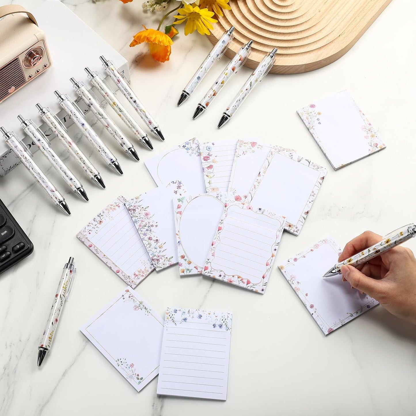 24 Pcs Wildflower Sticky Notes with Pens Floral Theme Teacher Gifts for Women to Do List Memo Pads Self Adhesive Notepads Black Ink Ballpoint Pen for Spring Birthday Party Favors(Classic)