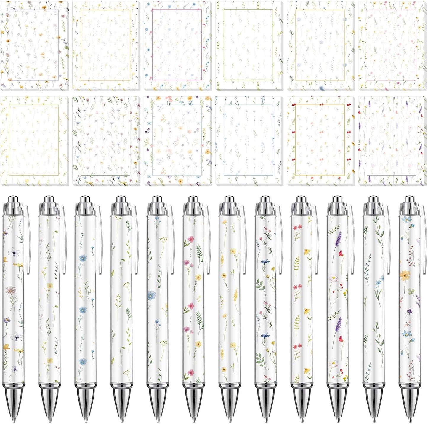 24 Pcs Wildflower Sticky Notes with Pens Floral Theme Teacher Gifts for Women to Do List Memo Pads Self Adhesive Notepads Black Ink Ballpoint Pen for Spring Birthday Party Favors(Classic)