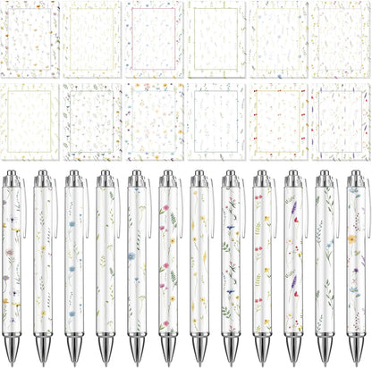 24 Pcs Wildflower Sticky Notes with Pens Floral Theme Teacher Gifts for Women to Do List Memo Pads Self Adhesive Notepads Black Ink Ballpoint Pen for Spring Birthday Party Favors(Classic)