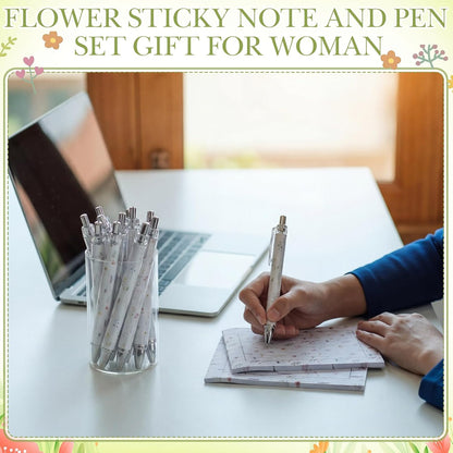 24 Pcs Wildflower Sticky Notes with Pens Floral Theme Teacher Gifts for Women to Do List Memo Pads Self Adhesive Notepads Black Ink Ballpoint Pen for Spring Birthday Party Favors(Classic)