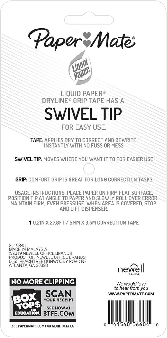 Paper Mate 660415 Liquid Paper DryLine Grip Correction Tape Dispenser, Pack of 1