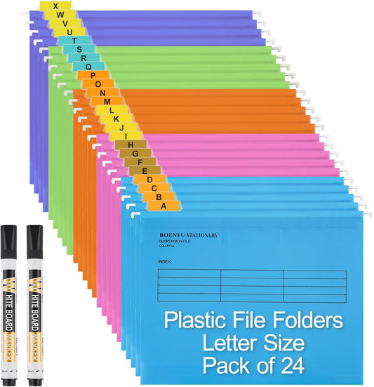 24-Pack Plastic Hanging File Folders Letter Size Expandable | Sturdy Document Organizer Assorted Colors with Adjustable Tabs, 2 Markers